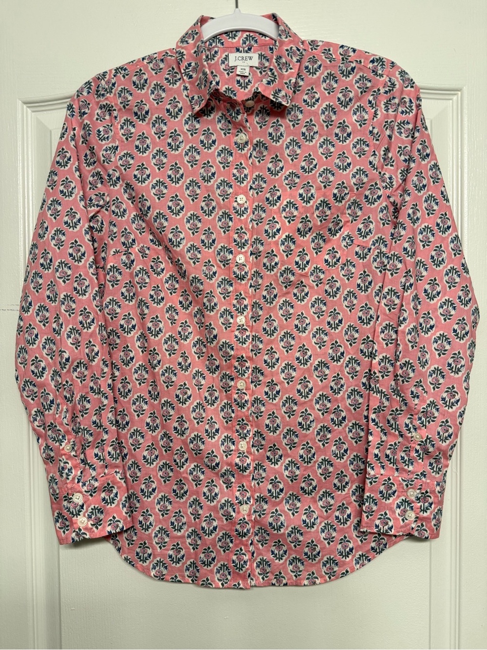 J.Crew XS Pink Block Print Floral Cotton Button Down Shirt Preppy Cottagecore